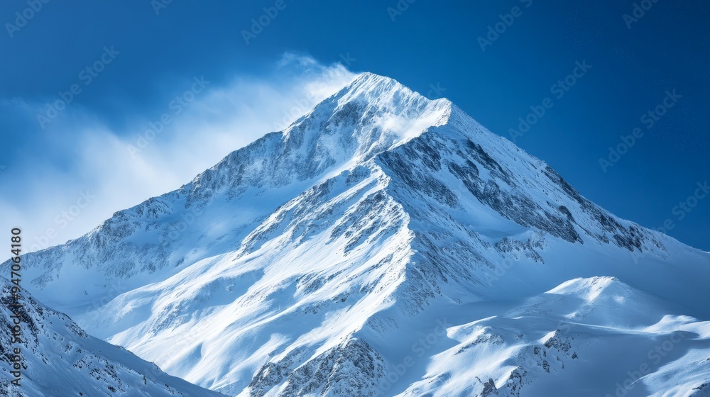 Fototapeta premium Majestic snow-covered mountain peak under a clear blue sky, showcasing the beauty of winter landscapes and the serenity of untouched nature.
