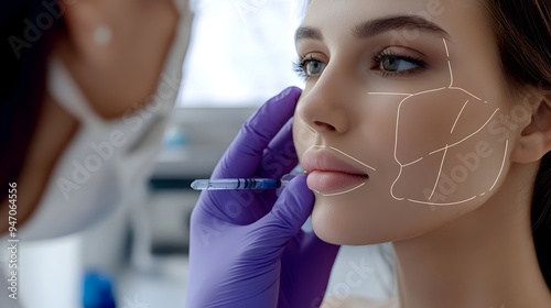 Close up view of a medical professional outlining a patient s facial features for a specialized chin contouring treatment against an isolated background photo