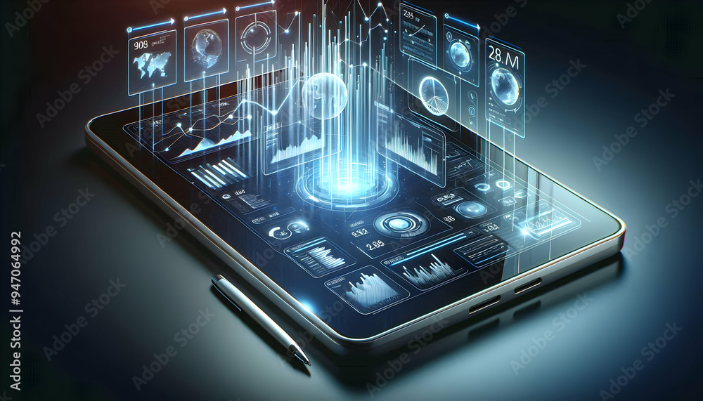 High-Tech Tablet with Holographic Charts Floating Above Copy Space Concept High-Tech Tablet with Holographic Charts Floating Above Copy Space Concept