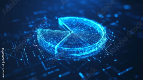 Fototapeta Naklejka Na Ścianę i Meble -  Abstract pie chart top view on technology blue background in futuristic low poly wireframe hologram style. Business analysis concept. Polygonal digital circle diagram or graph chart with 3D effect. 