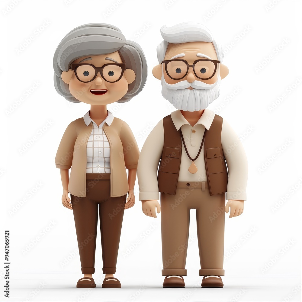 Obraz premium Happy senior couple standing together on white background, both smiling. The man is wearing a brown vest and has a beard, while the woman is dressed in a blouse, pants, and glasses.
