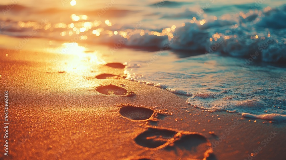 Footprints in sand at sunset by the ocean with gentle waves. Perfect for beach, travel, and relaxation themes. Footprints in sand at sunset by the ocean with gentle waves. Perfect for beach, travel, and relaxation themes.