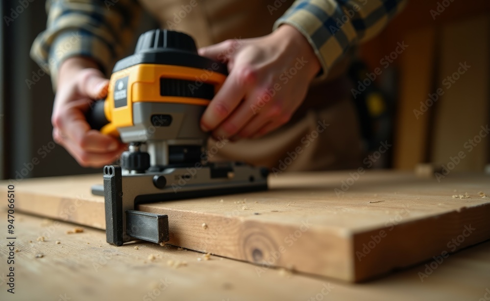 A man is using a power tool to cut a piece of wood A man is using a power tool to cut a piece of wood