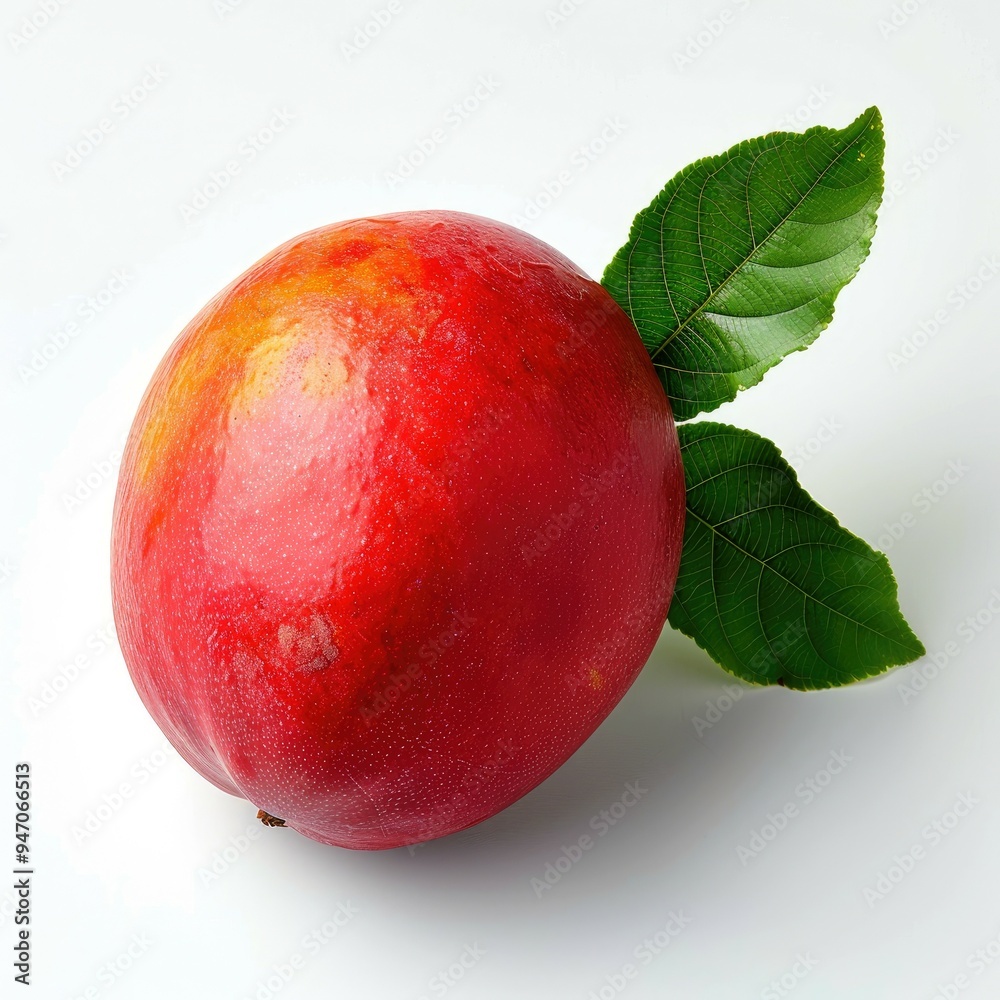 A Single Red Ripe Mango with Green Leaves on a White Background A Single Red Ripe Mango with Green Leaves on a White Background