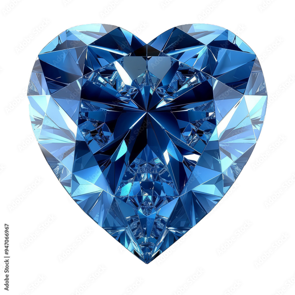 Large faceted blue heart shaped diamond sparkling on a white background