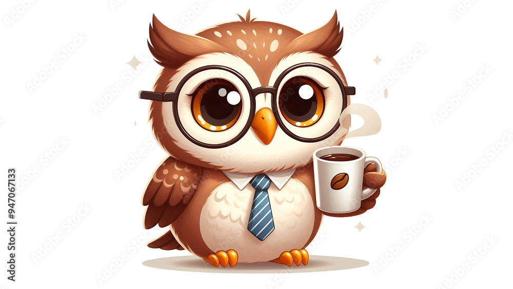 Obraz premium Owl drinking coffee illustration