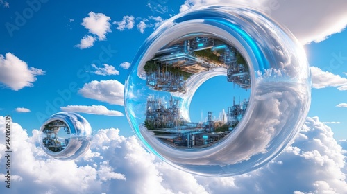 Futuristic bubbles suspended in clouds, showcasing vibrant landscapes within. A blend of technology and nature in a surreal sky.