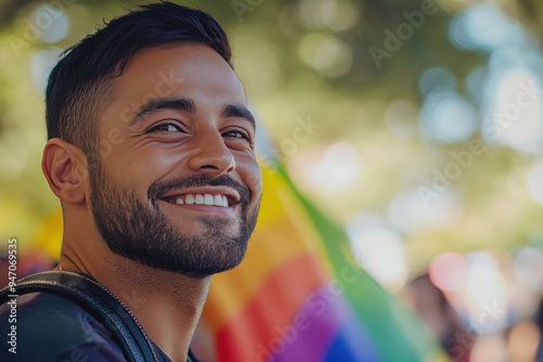 Homens sorrindo em evento ao ar livre com bandeiras do arco-íris ao fundo, representando orgulho LGBTQIA+, capturados por IA generativa.
 photo