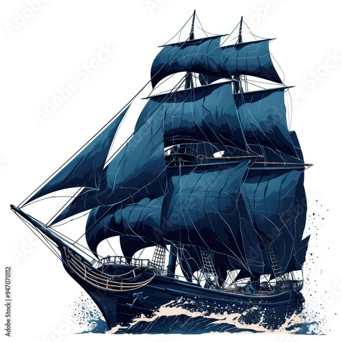 A Blue-Hued Pirate Ship With Full Sails photo