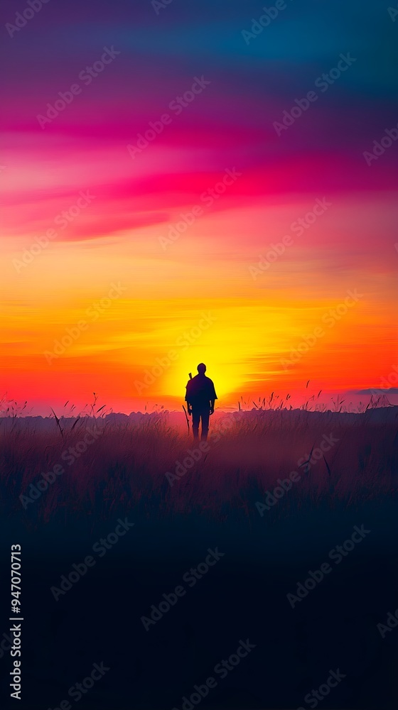A serene landscape with a hunter silhouetted against a vibrant sunset, emphasizing solitude A serene landscape with a hunter silhouetted against a vibrant sunset, emphasizing solitude