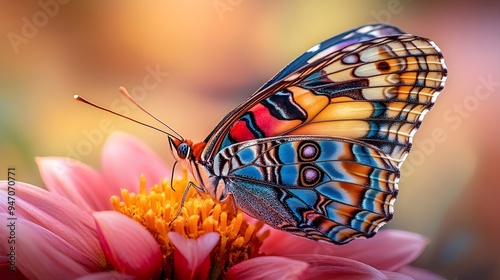 An intricate image of a butterfly resting on a flower, showcasing its colorful wings and fine textures photo