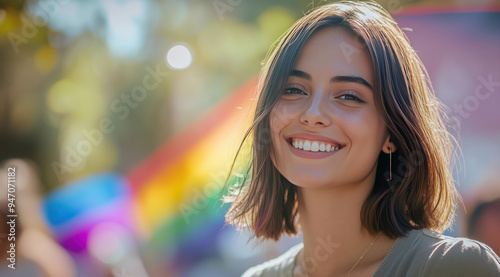 Mulheres sorrindo em evento ao ar livre com bandeiras do arco-íris ao fundo, representando orgulho LGBTQIA+, capturadas por IA generativa.
 photo