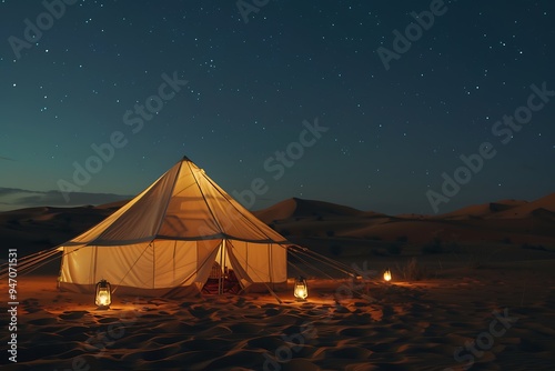 Camping in the deserts of Saudi Arabia, soft golden sand and terrain at night, a traditional Bedouin tent lit with metal lanterns in the middle of the desert.