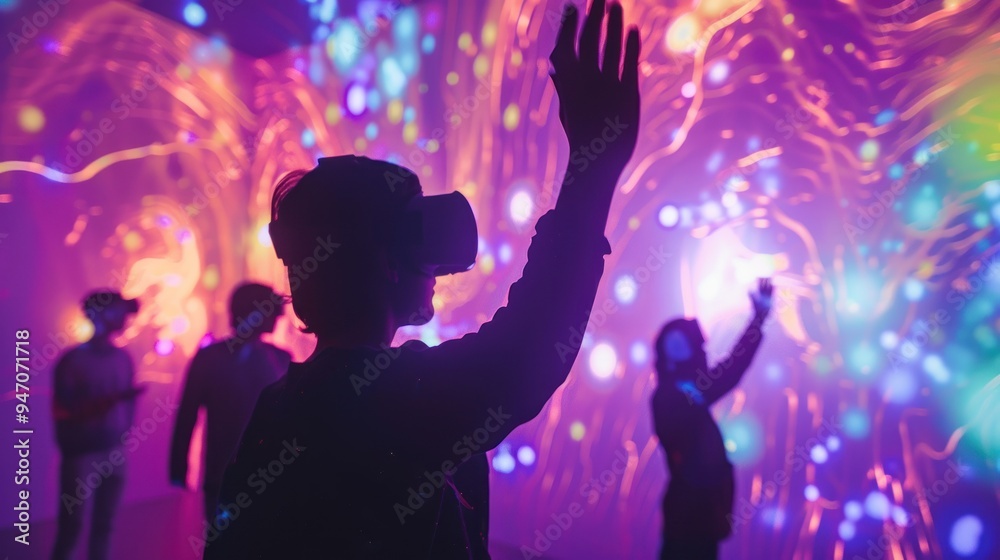 Silhouette of a person wearing VR headset in a colorful, glowing room. Silhouette of a person wearing VR headset in a colorful, glowing room.