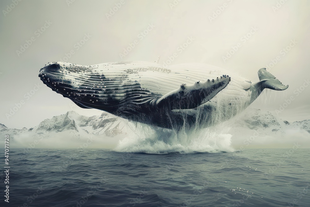 Fototapeta premium Humpback Whale Leaping From Ocean With Mountains in Background