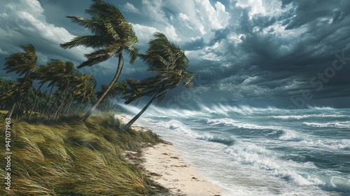 Dramatic scene of stormy weather with strong winds and dark clouds over a turbulent ocean, waves crashing onto a sandy beach lined with palm trees.
