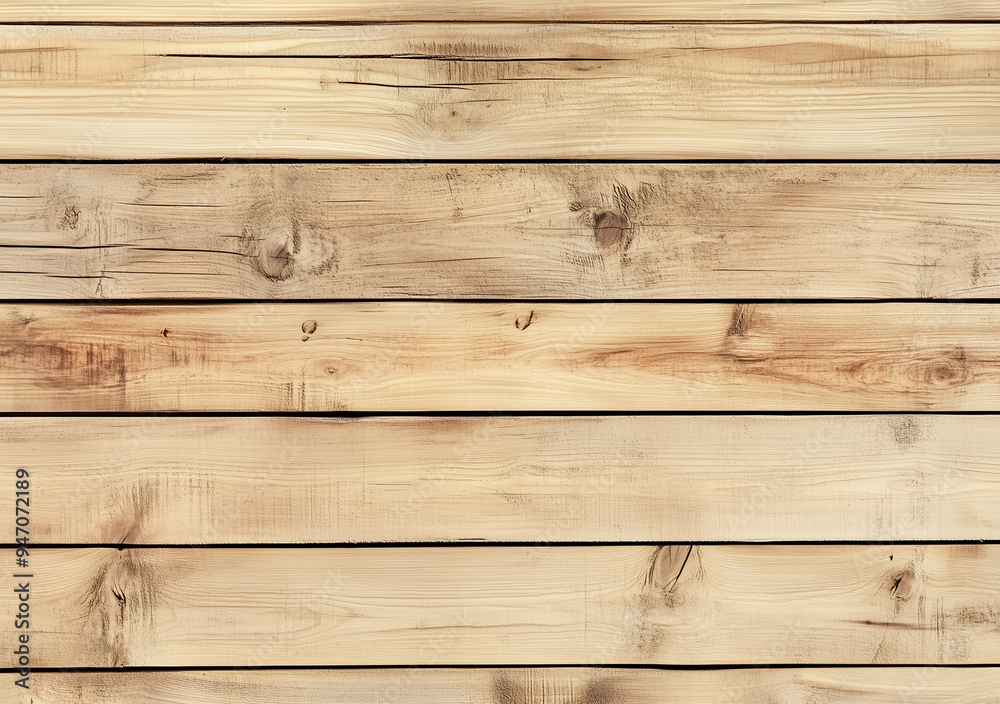 Naklejka premium Light wooden planks with uneven surface and visible knots. Rustic wood texture background.