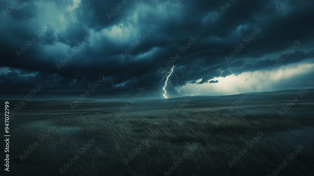 Dramatic landscape with dark storm clouds and a lightning strike over ...
