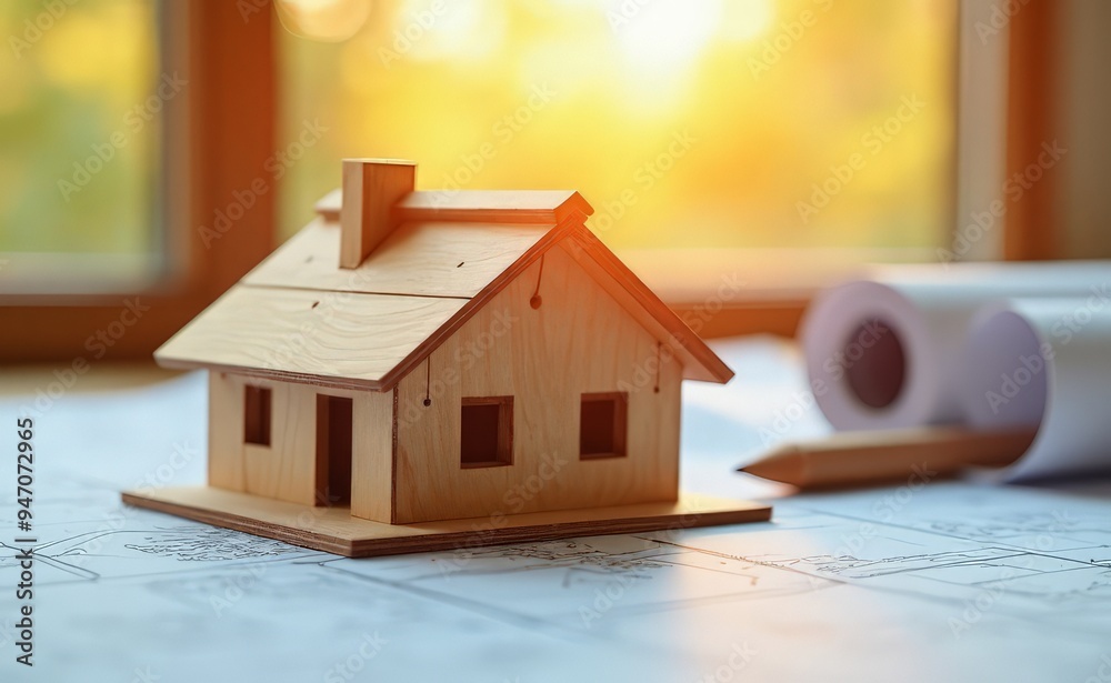 model of a wooden house on a blueprint model of a wooden house on a blueprint