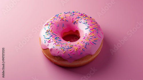 Pink Frosted Donut with Sprinkles on Pastel Background