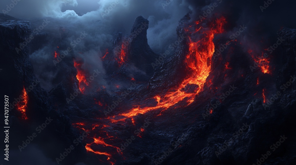 Fototapeta premium A red-hot lava flow from a volcano, with the intense red glow contrasting against the dark volcanic rocks and smoky atmosphere.