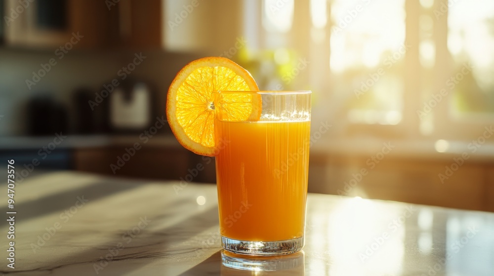 A refreshing glass of orange juice with a slice of orange on the rim, set against a bright, sunny kitchen background with natural light. A refreshing glass of orange juice with a slice of orange on the rim, set against a bright, sunny kitchen background with natural light.