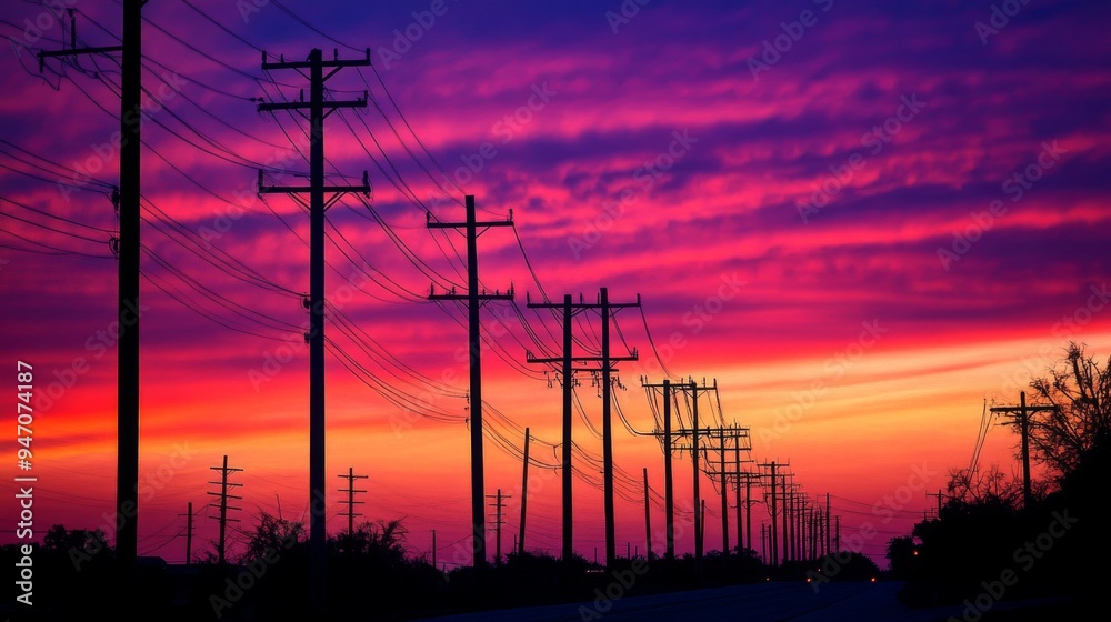 A row of tall electric poles silhouetted against a colorful sunset sky, highlighting the intricate details of the poles and the power lines. A row of tall electric poles silhouetted against a colorful sunset sky, highlighting the intricate details of the poles and the power lines.
