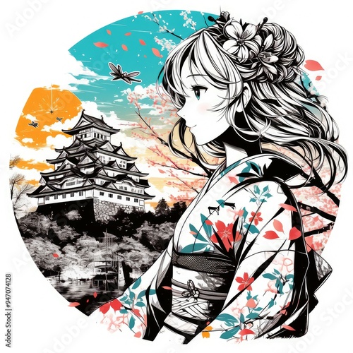 Anime Woman in Kimono Admiring Japanese Castle