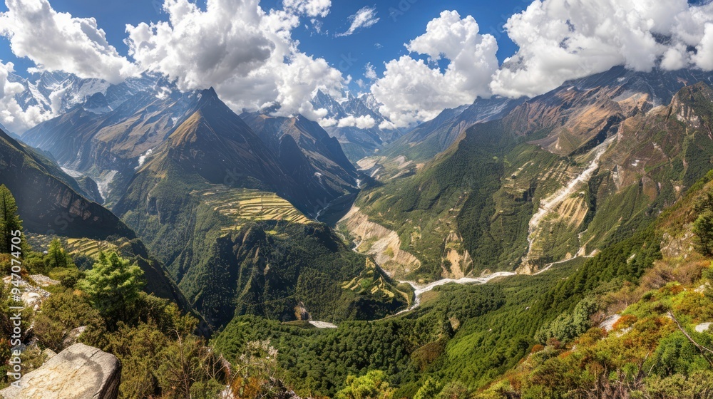 Majestic Mountain Landscape with Lush Valley and Snow-capped Peaks. Majestic Mountain Landscape with Lush Valley and Snow-capped Peaks.