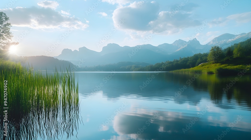 Fototapeta premium A serene landscape scene featuring a tranquil lake with a mountain backdrop, designed for letterboxing, with ample copy space at the top and bottom, ideal for text overlay
