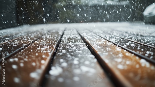 Close-up of hailstones falling on wooden planks outdoors during a storm, creating a dramatic and intense weather scene. photo