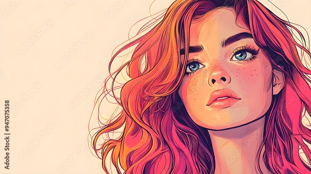 A young woman with vibrant hair and expressive eyes, striking a confident pose against a light solid color background, showcasing a modern manga style A young woman with vibrant hair and expressive eyes, striking a confident pose against a light solid color background, showcasing a modern manga style