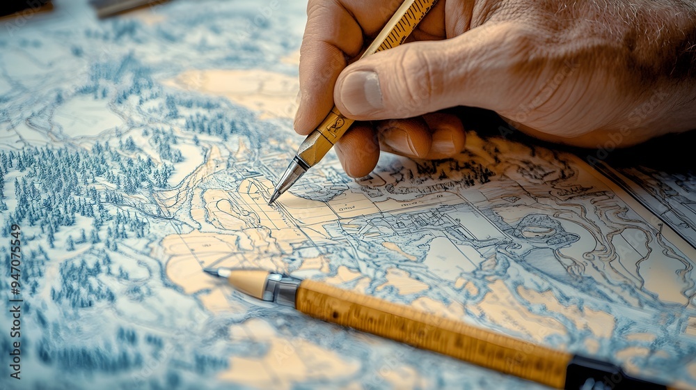 A skilled cartographer drafting a realistic map on a light solid color ...