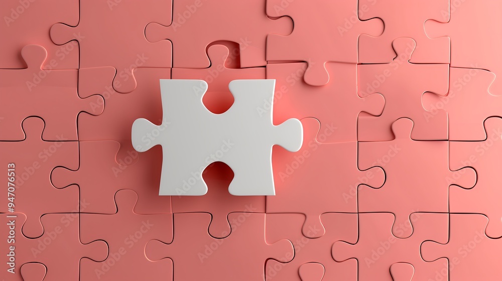 White puzzle piece in place on pink background, problem-solving concept White puzzle piece in place on pink background, problem-solving concept