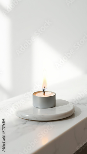 Single Burning Candle on White Marble Surface