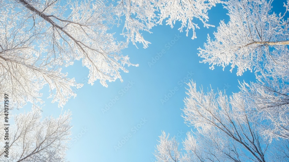 Beautiful winter trees covered in snow with a bright, clear blue sky background. Perfect for conveying the serene, cold winter season. Beautiful winter trees covered in snow with a bright, clear blue sky background. Perfect for conveying the serene, cold winter season.