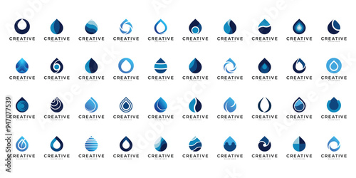 Set of blue water drop abstract logo designs. Premium Vector