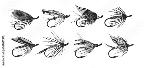 Old-fashioned angling set. Hand drawn by pen and ink fly-fishing nymphs. Victorian fishing hook tied with feathers, lures for salmon and trout. Vector illustration of fly fishing bait.