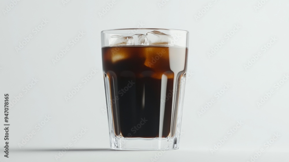 A sleek, modern glass tumbler filled with iced coffee on a pristine white background, highlighting the contrast between the dark beverage and the clean backdrop. A sleek, modern glass tumbler filled with iced coffee on a pristine white background, highlighting the contrast between the dark beverage and the clean backdrop.