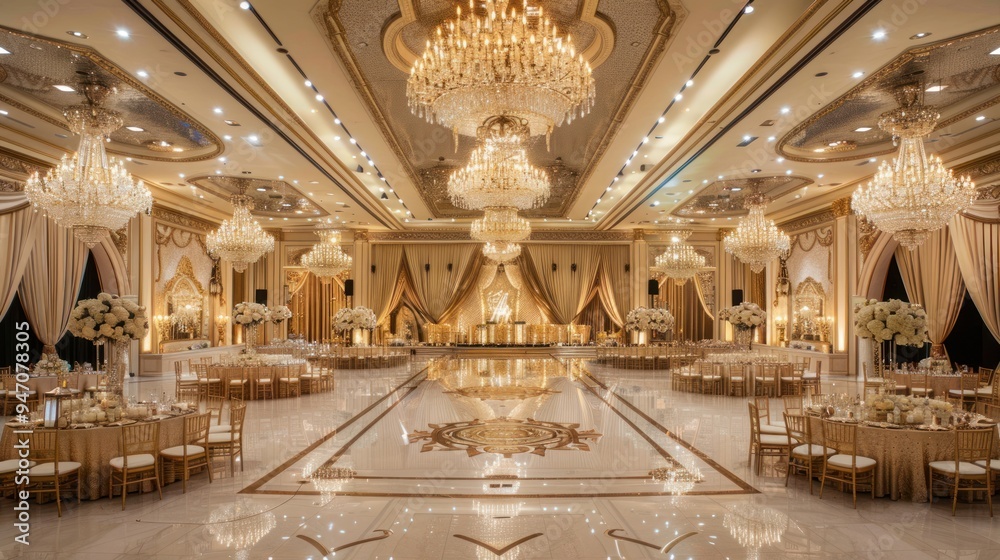 Fototapeta premium Grand Ballroom with Crystal Chandeliers and Golden Decor.