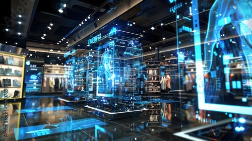 Futuristic retail experience with digital displays.