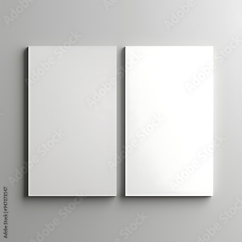 Open and closed blank brochures on grey background, top view. Mock up for design