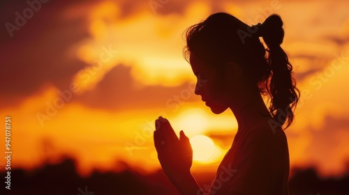 Silhouette of a woman paying respects and praying A symbol of gratitude to the Lord.