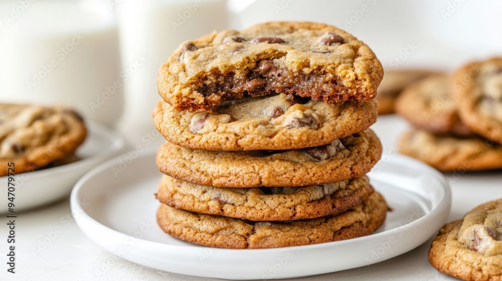 A stack of homemade cookies with a bite taken out of one, revealing the soft, chewy center, placed on a white plate for a mouth-watering close-up. A stack of homemade cookies with a bite taken out of one, revealing the soft, chewy center, placed on a white plate for a mouth-watering close-up.