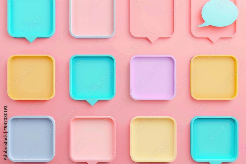 A collection of colorful speech bubbles on a pink background, perfect for illustrations and designs A collection of colorful speech bubbles on a pink background, perfect for illustrations and designs