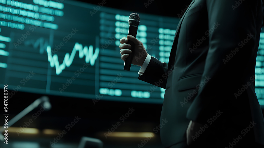 Central banker in suit announces rate cut at press conference, microphone in hand, large digital screen shows falling interest rates, financial policy update Central banker in suit announces rate cut at press conference, microphone in hand, large digital screen shows falling interest rates, financial policy update