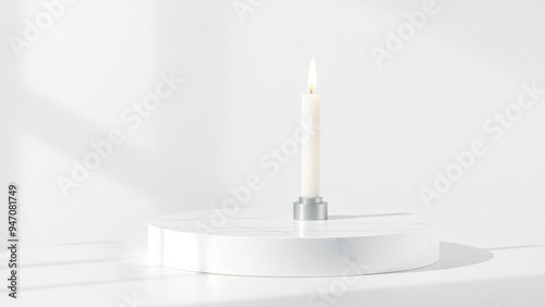 Single Burning Candle on White Marble Platform