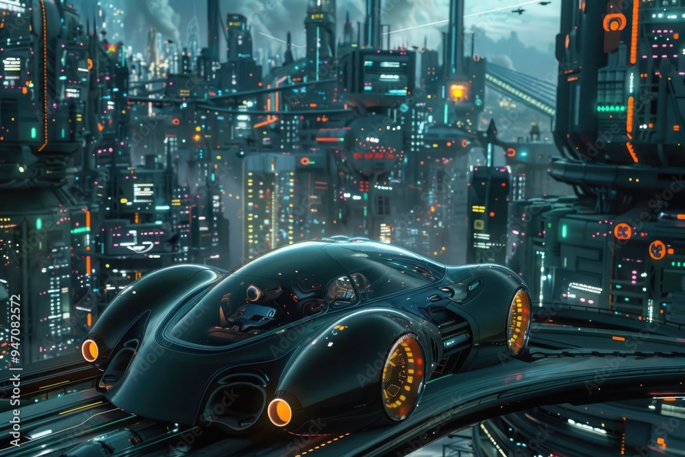 A modern metropolis with a sleek vehicle, great for travel or technology concepts A modern metropolis with a sleek vehicle, great for travel or technology concepts