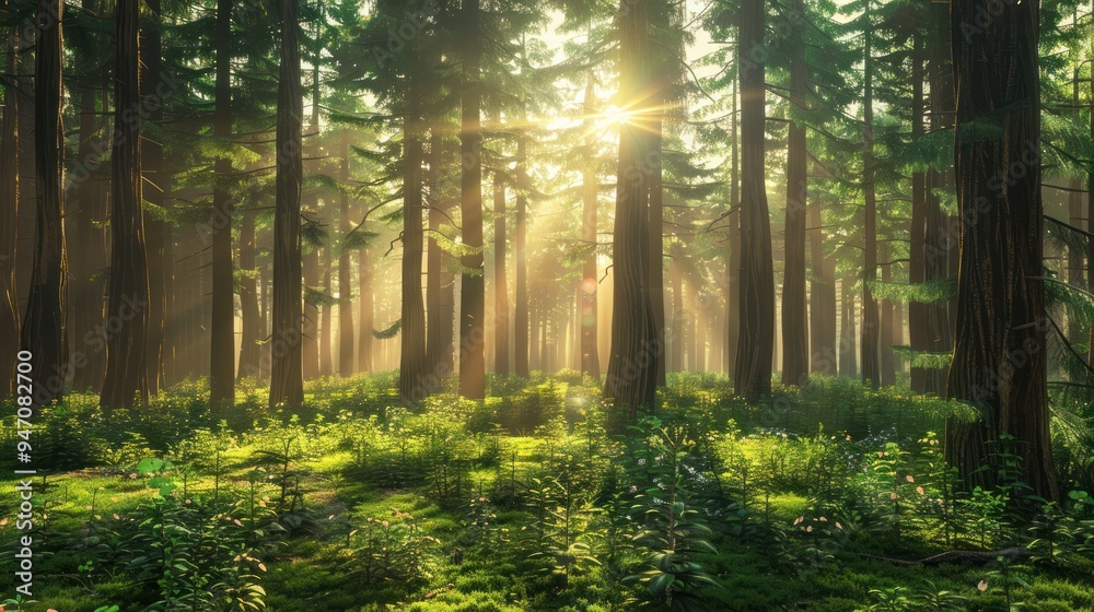 Fototapeta premium Sunrays Filtering Through Dense Forest.