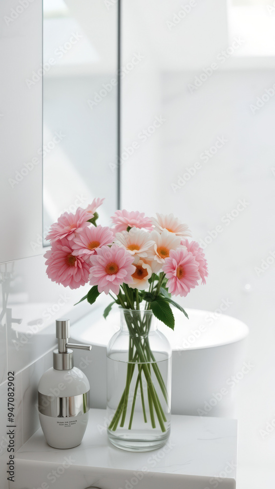 Pink Gerbera Daisies in a Vase on a White Countertop Pink Gerbera Daisies in a Vase on a White Countertop